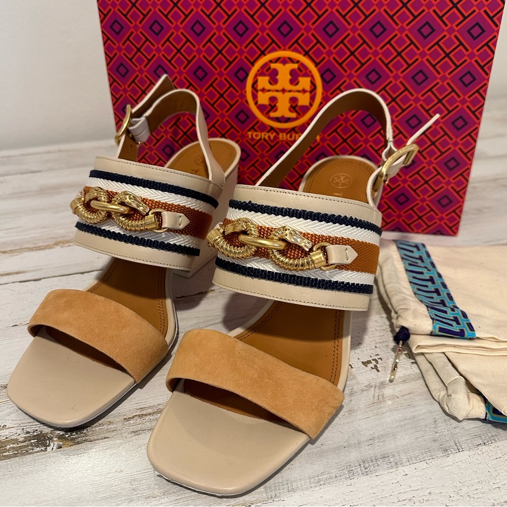 TORY BURCH Jessa Block Heel Sandals 63586 Tan Size 9.5